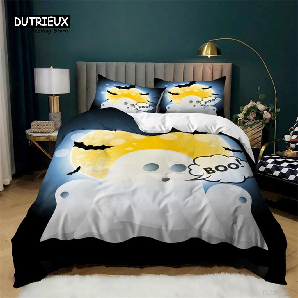 Cartoon Pumpkin Duvet Cover Gothic Halloween Skull Bedding Set Polyester Lantern Ghost Comforter Cover King For Boys Girls Decor