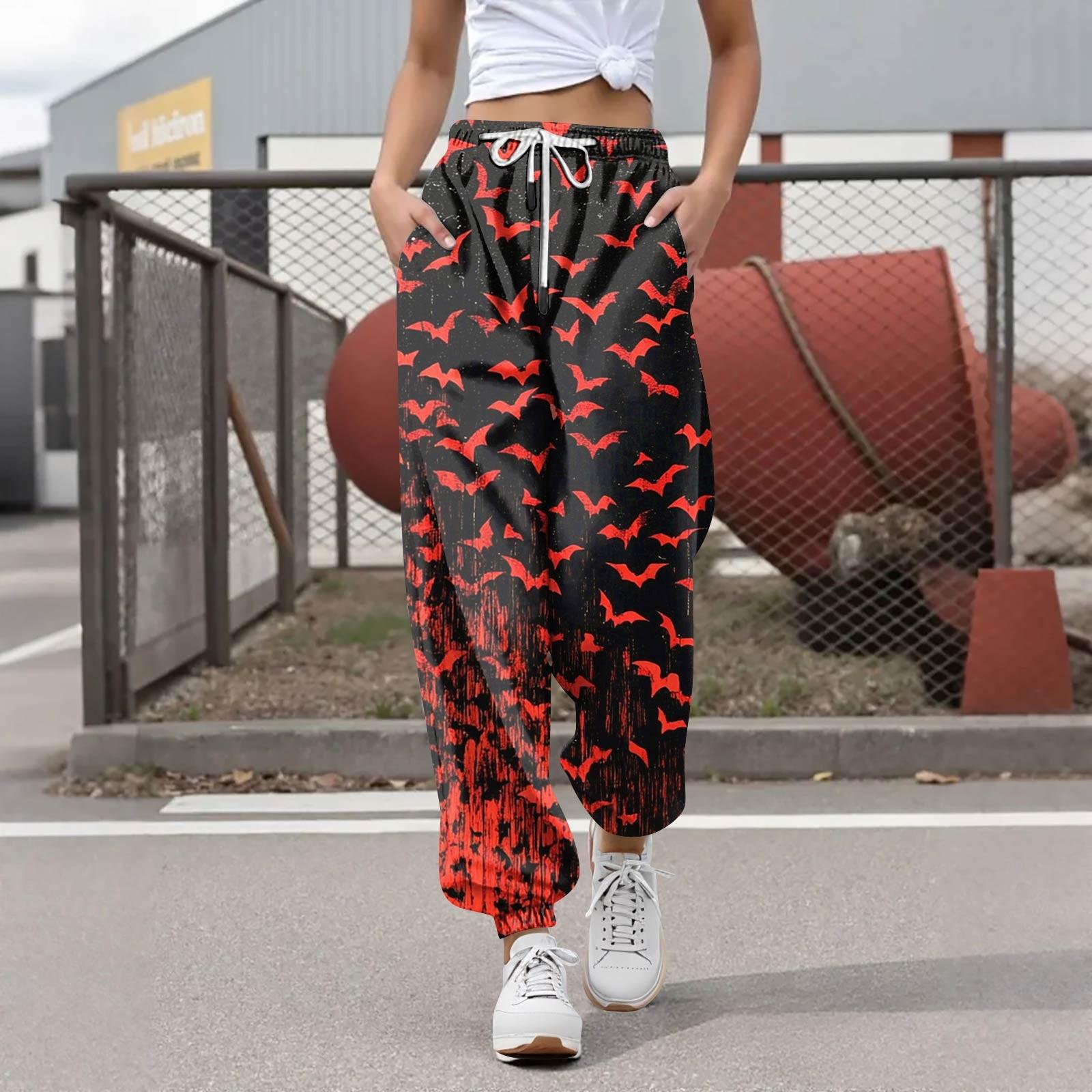 

Женские повседневные модные брюки для отдыха с принтом на Хэллоуин, спортивные штаны, брюки с эластичной резинкой на талии, брюки со шнурком L винный