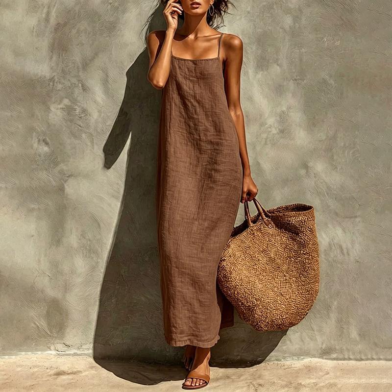New summer clothing, European and American women's clothing, casual vacation style solid color suspender dress, long dress for women