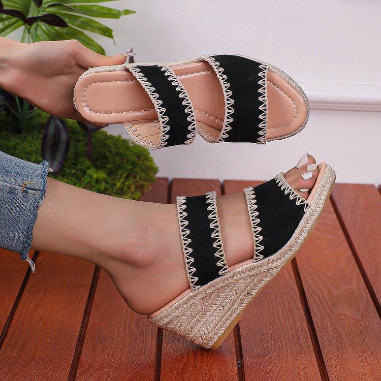 European and American large-size hemp rope slope heel slippers women's 2025 summer new retro trend thick bottom with slippers