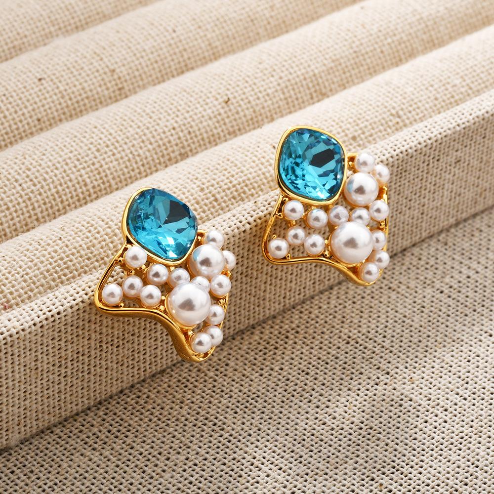 Aquamarin Zirkon Perlenohrringe, Quadratische Stecker, Luxuriöse Statement-Ohrringe, Hohler Designerschmuck