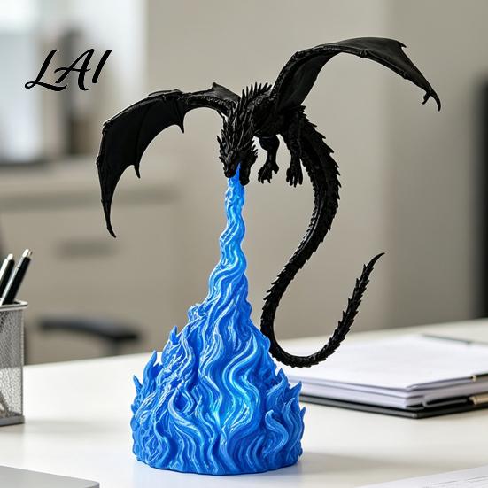 Stable Base Dragon Statue 3D Printed Fire-Breathing Statue Mystical Figurine with Flame Decor Base Fantasy Desktop Ornament for Bookshelf,