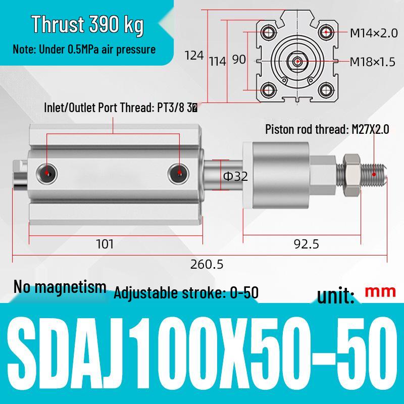 Adjustable Stroke Pneumatic Thin Cylinder - Piston Rod Sizes: 16/20/25/32/40/63