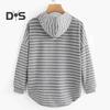 Women Autumn Hoodie Striped Print Contrast Color Drawstring Irregular Hem Long Sleeve Hooded Loose Pullover Casual Soft Lady Spring Sweatshirt
