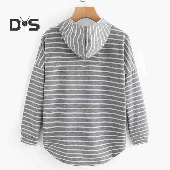 Women Autumn Hoodie Striped Print Contrast Color Drawstring Irregular Hem Long Sleeve Hooded Loose Pullover Casual Soft Lady Spring Sweatshirt