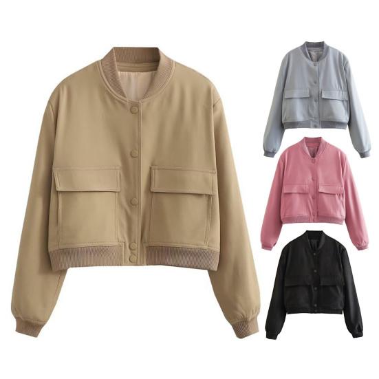 Fall Jackets for Women Oversized Lightweight Cropped Jacket Casual Button Down Stand Collar Short Coat with Pockets