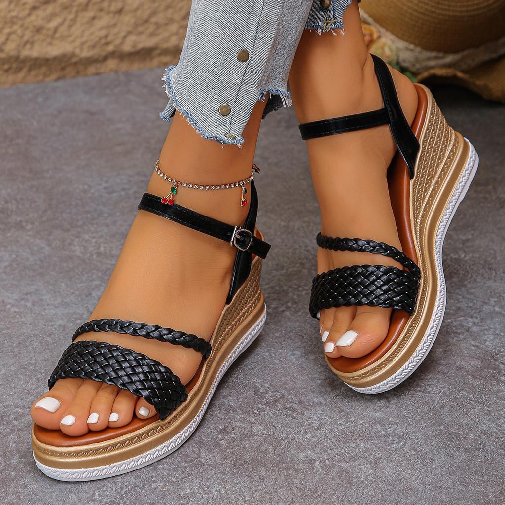 Women's Wide Width Single Strap Sandals, Buckle Detail Wedge Heel Slides, Wholesale Summer Shoes in Stock