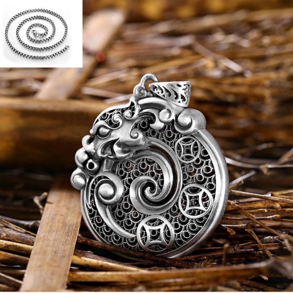 Sterling Silver Dragon Zodiac Peace Pendant: Dragon & Tiger Design with Hand-Woven Silk - Chinese Trend Pure Silver Jewelry