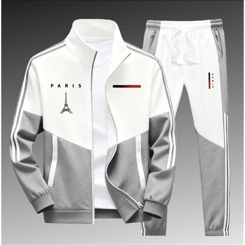 Men 2‑Pieces Tracksuit Color Block Zip‑Up Stand Collar Jacket + Elastic Waist Jogger Pants Set Casual Sports Outfit 