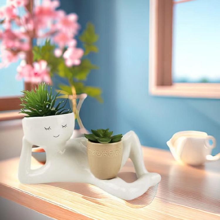 Creative Lazy Guy Succulents Pot for Indoor Desk Artistic Decors Funny Lazy Guy Desktop Planter for Small Plant