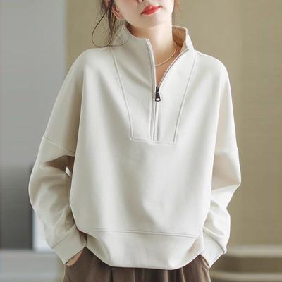 Autumn Winter Stand Collar Zipper Solid Color Pullover Sweatshirt Women Loose Casual All-match Top