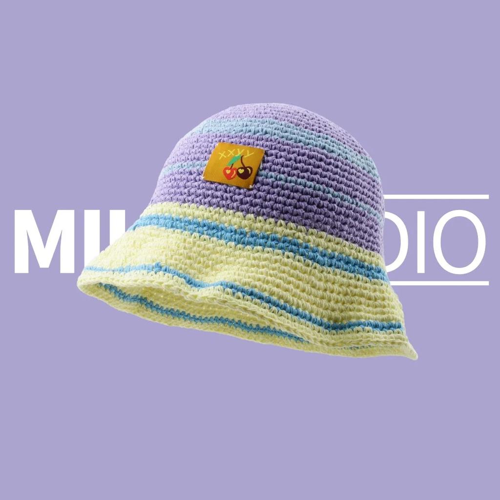 Cute Dopamine Wind Japanese Handmade Crochet Knitted Bucket Hat Rainbow Rhombus Plaid Wool Bucket Winter Basin Hat Bucket Hat
