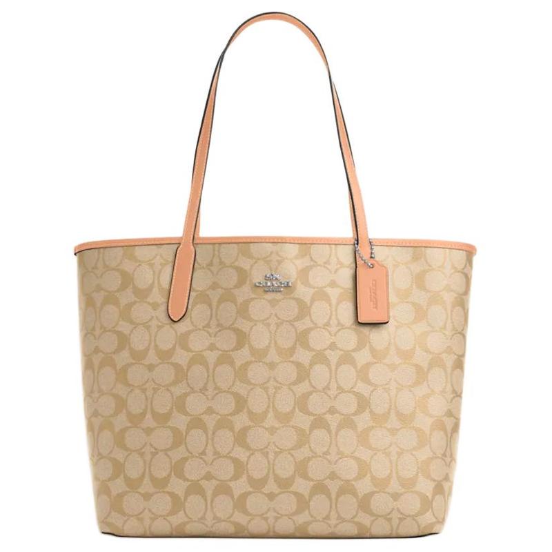 

COACH shoulder bag City 33 Classic Old Flower Printed Tote Tote Shopping Handbag Coated Canvas Large Size Women s Light Khaki Color with Faded Blush червоний