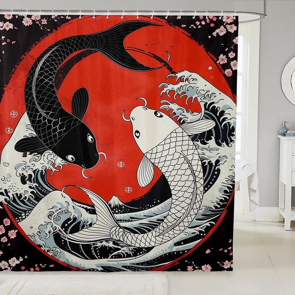 Japanese Style Bathroom Curtain Cherry BlossomShower Curtain for Girls Teen Women,Watercolor Mount Fuji Sakura Animal Aesthetics