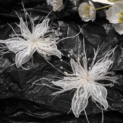 High Quality Feather Pearl 3D Organza Flower Patch Crystal Flower Lace DIY Sewing Decals Hand-made Handmade Applique Decorative