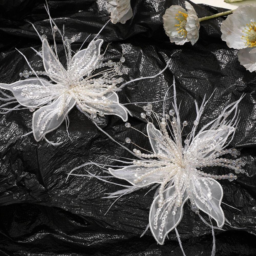 Crystal Flower 3D Organza Flower Patch Feather Pearl Embroidery Patch  Dress Decoration