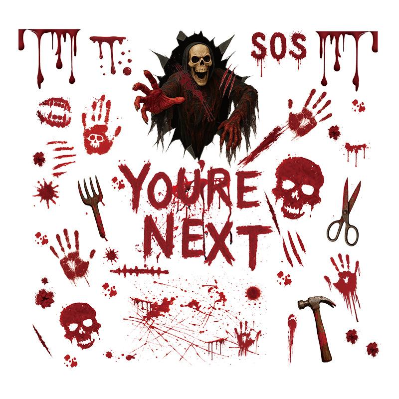 Halloween Horror Static Window Sticker Bloody Skull Blood Handprint Grim Reaper Sticker Secret Room Haunted House Window Atmosphere Decoration
