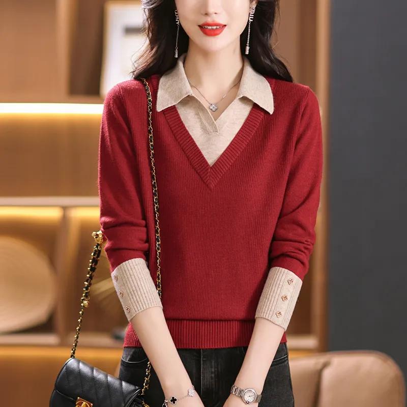 Spring Autumn and Winter Fashion Original Fake Two Piece Polo Neck Sweater Women's Contrast Button Loose Simple Patchwork Long Sleeve Knit Top
