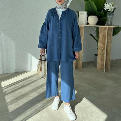 Herbst 2024 Damen Rundhals Laternenärmel Top & Lockere Weitbein-Hose Set