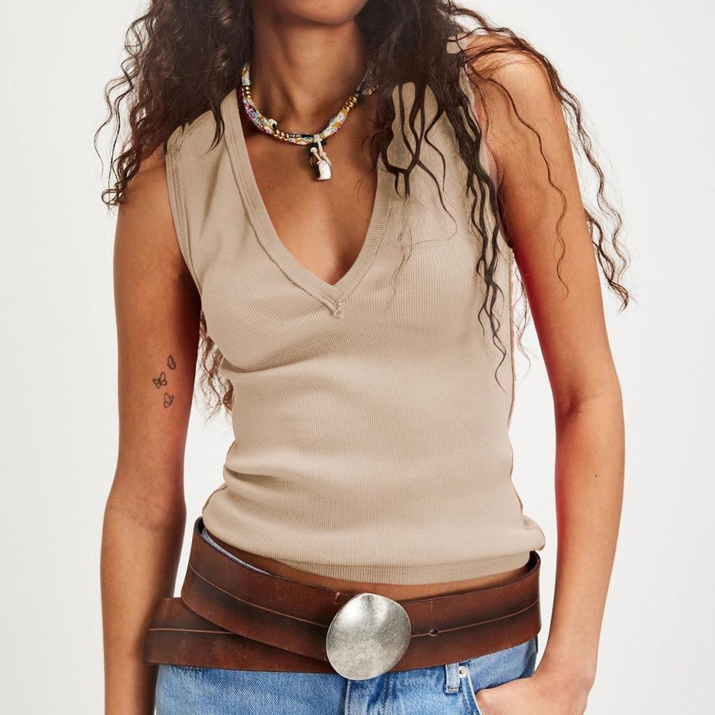 Modern V Neck Sleeveless Top For Women With Ribbed Knit Fabric For Summer Casual Wear