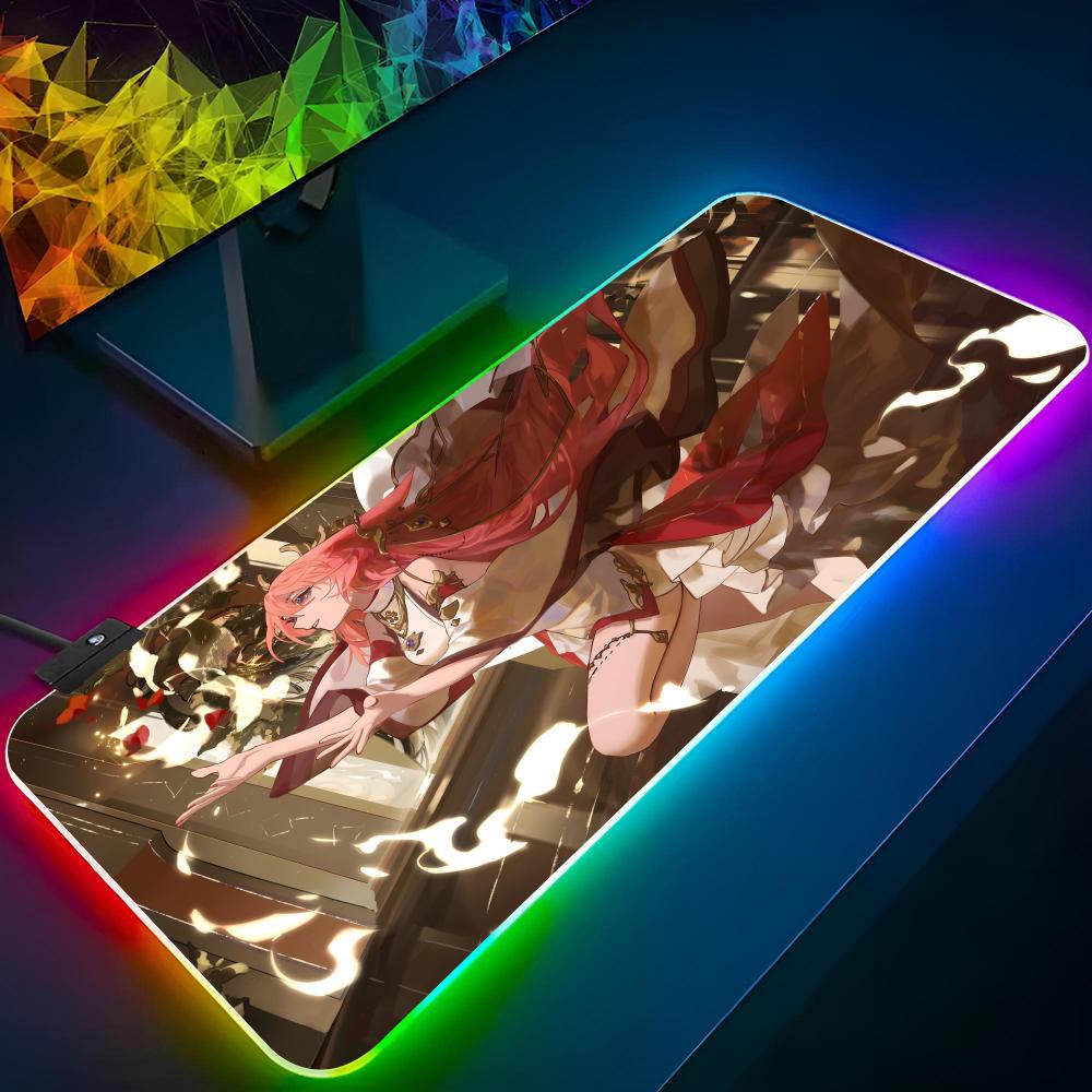 Yae Miko Genshin Impact Mouse Pad Gaming Rgb Mousepad Diy Printing Backlit Keyboard Gamer Girl Xxl Laptop Mat Table Pads Deskpad