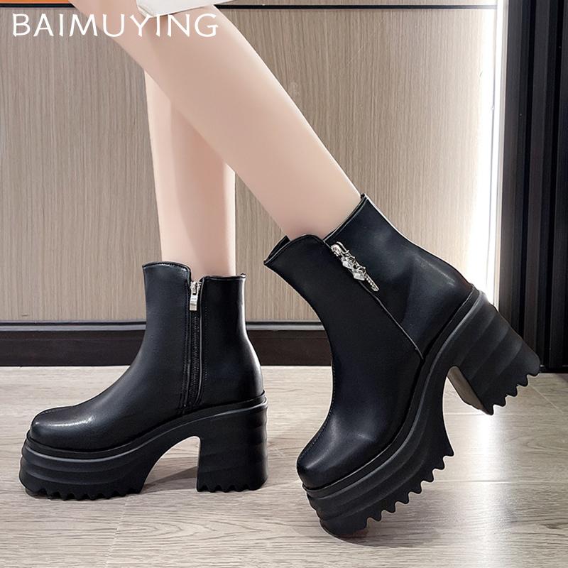 Platform Women Ankle Boots Crystal Leather High Heels Fad Shoes Designer Motorcycle Boots 2025 Trend Chunky Pumps Botas Mujer
