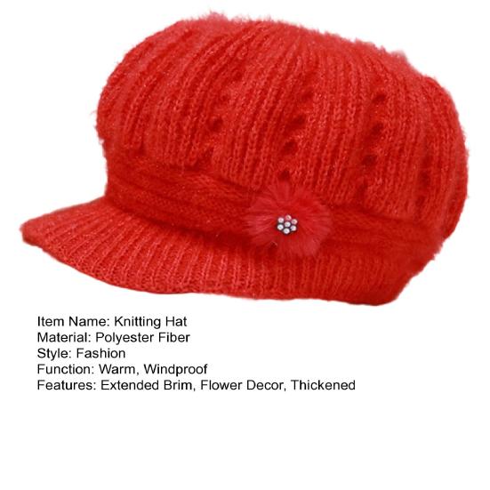 Women Knitting Hat Extended Brim Thickened Plush Winter Hat Solid Color Flower Decor Warm Hat Fashion Accessories