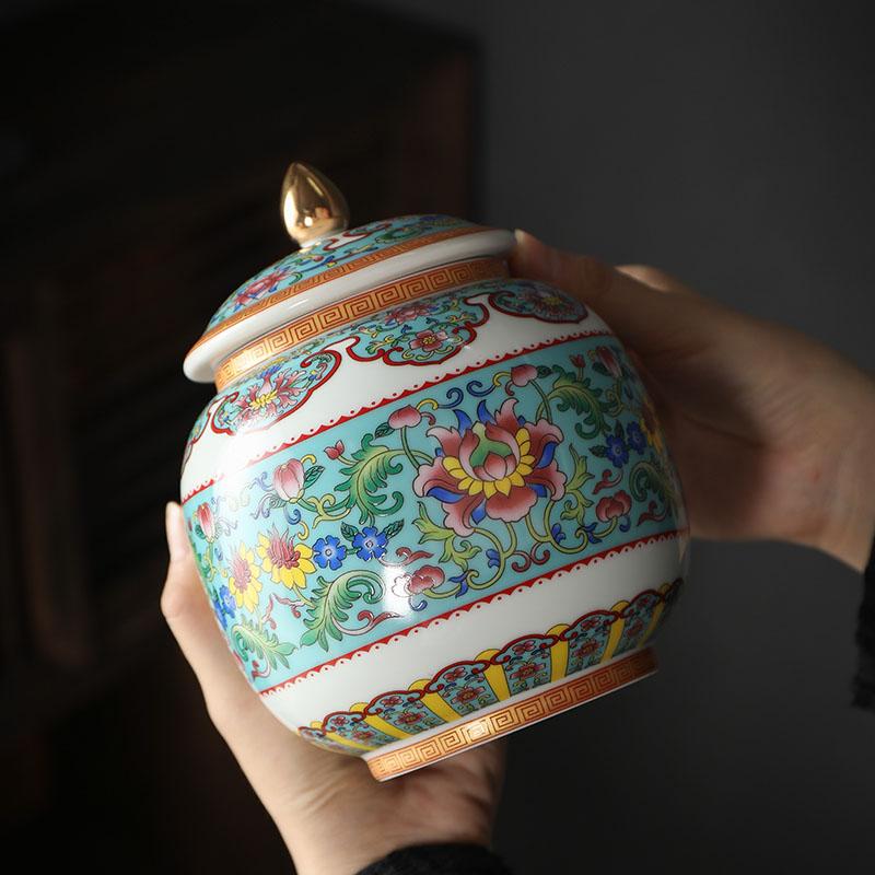 Classical Ceramic Tea Pot Painted Pattern Sealed Storage Tank Home Porcelain Candy Nuts Coffee Beans Storage Bottle Home Decor
