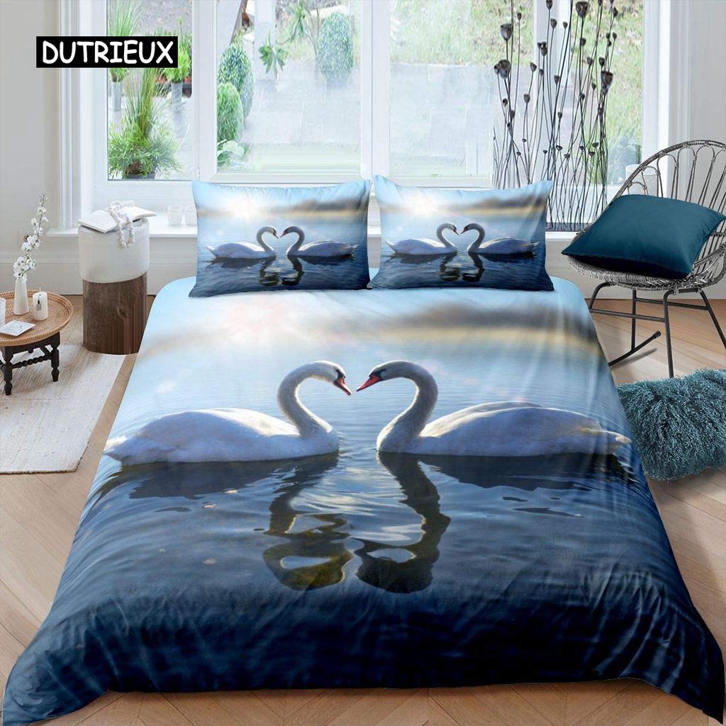 Swan Duvet Cover Black and White Swan Duvet Cover Queen Bird Comforter Cover Microfiber Romantic Flower Wild Animals Quilt Cover