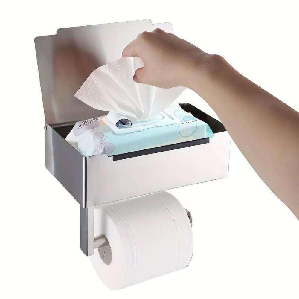 Self-Adhesive Toilet Roll Rack with Shelf Stainless Steel Wall Mounted Wipe Dispenser  Washroom