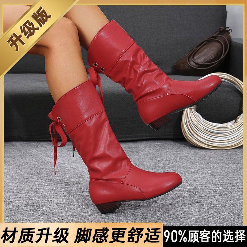 25 New women's shoes versatile fashion women's boots autumn and winter thin velvet casual boots leather medium tube Martin boots medium heel