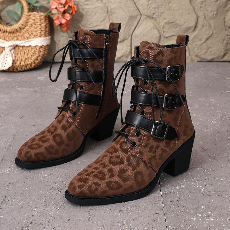 Belt buckle medium boots 0000 autumn and winter new British style leopard print large size Martin boots knight boots