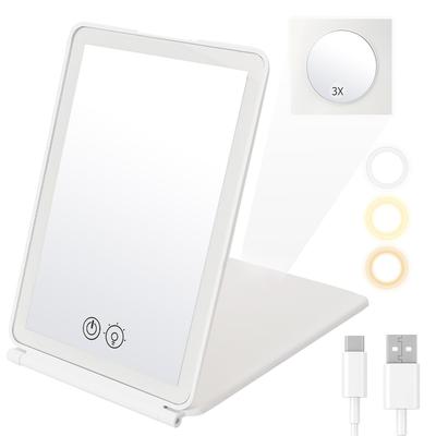 ANWALE Επιτραπέζιος Μεταγωγικός LED Καθρέφτης Μακιγιάζ 3x Μεγέθυνση, Ρυθμιζόμενη Φωτεινότητα Χωρίς Βήματα, Συμπαγής Καθρέφτης Αποθήκευσης, 3-Χρωματικός Φωτισμός, Καθρέφτης, Αναδιπλούμενος, Καθρέφτης,