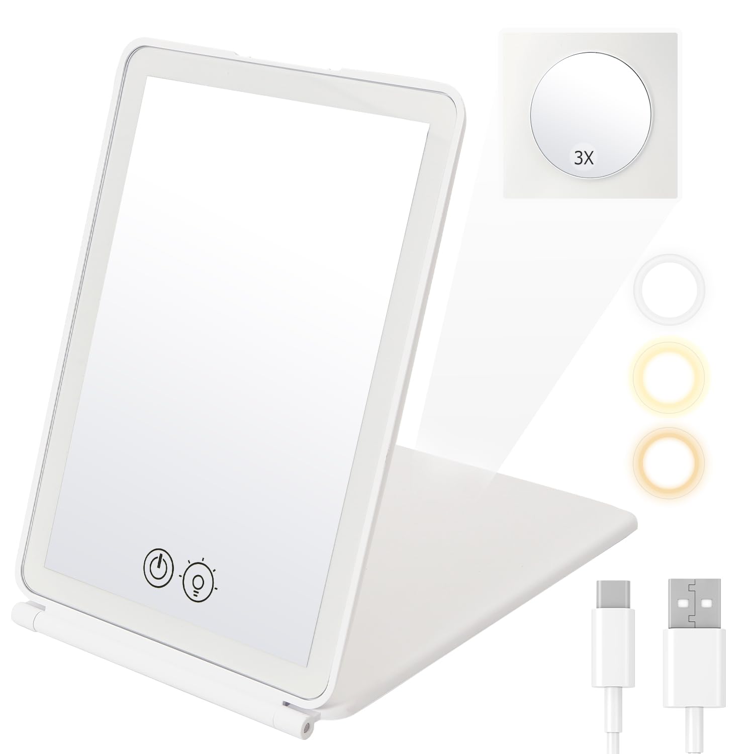 

ANWALE Tabletop Switching LED Makeup 3x Magnifying Stepless Brightness Adjustable Compact Storage Mirror, 3-Color Light, Mirror, Foldable, Mirror, белый