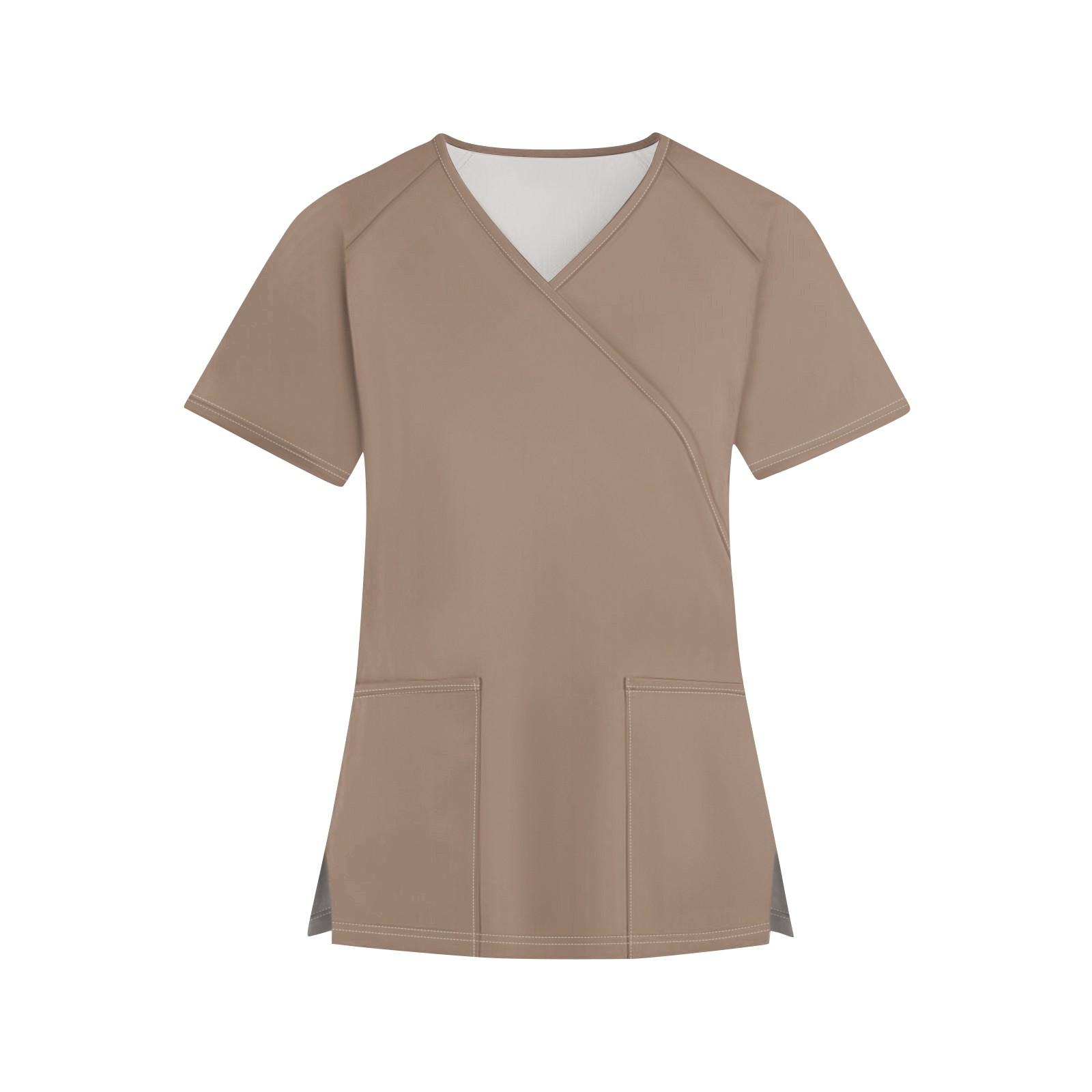 

Женская мода однотонная рабочая одежда с v-образным вырезом и короткими рукавами с карманами, топы XXXXXL хаки