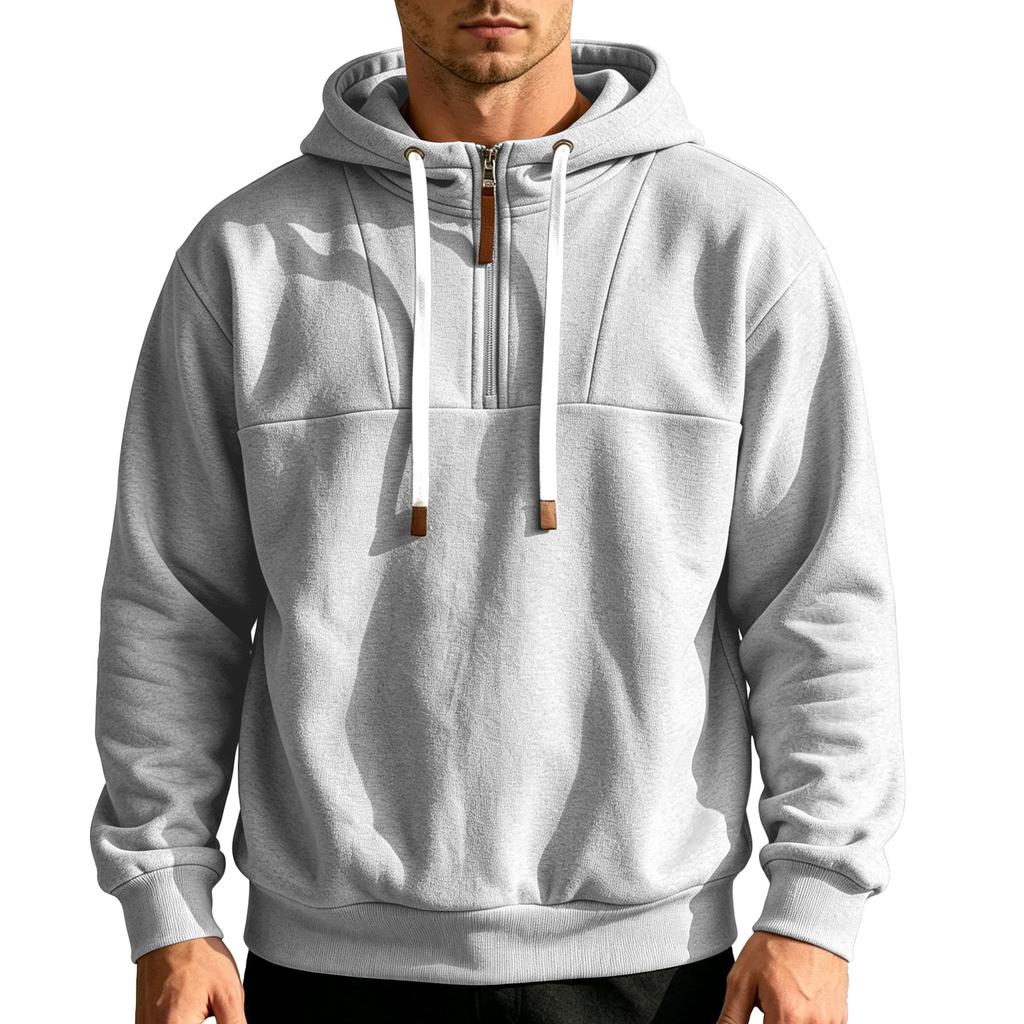 Men's Half‑Zip Fleece Hoodie, Leather‑Tip Drawstrings, Ribbed Cuffs & Hem, Relaxed Fit Casual Pullover Sweatshirt