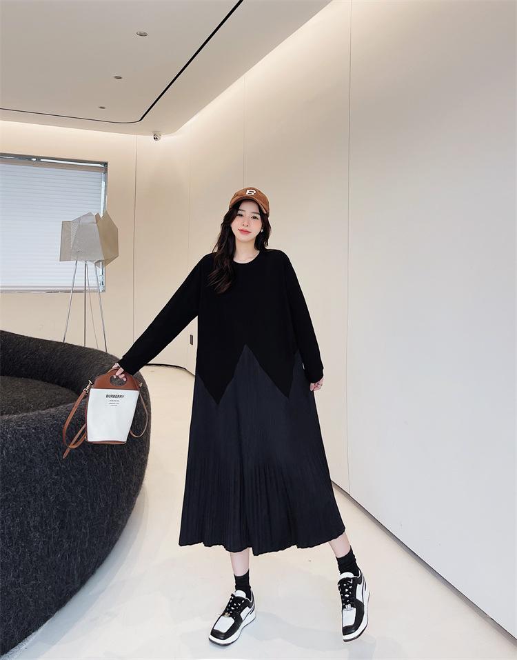 2023 Autumn/Winter Plus Size Patchwork Pleated Long Sleeve Dress for Women