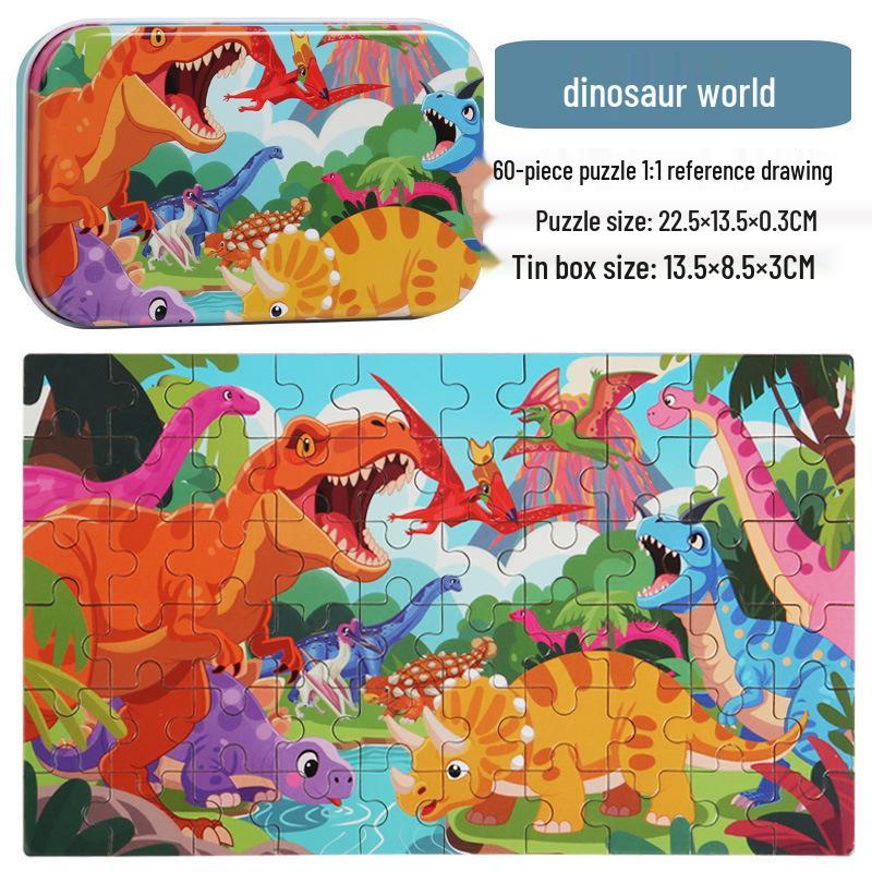 60-Piece Children's Wooden Cartoon Jigsaw Puzzle in Tin Box for Early Education