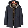 Men Winter Jacket Windproof Warm Thicken Padded Mid Length Coat with Faux Fur Lining Hooded Business Casual Outwear