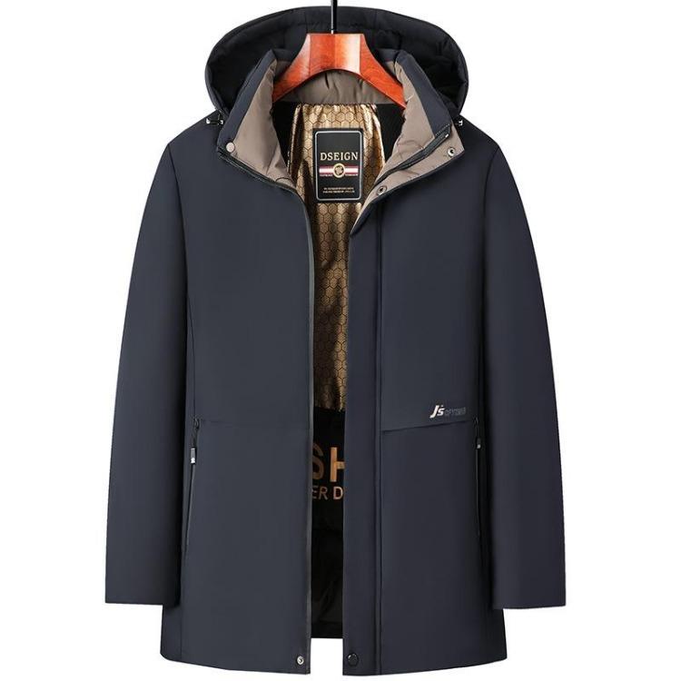 Men Winter Jacket Windproof Warm Thicken Padded Mid Length Coat with Faux Fur Lining Hooded Business Casual Outwear