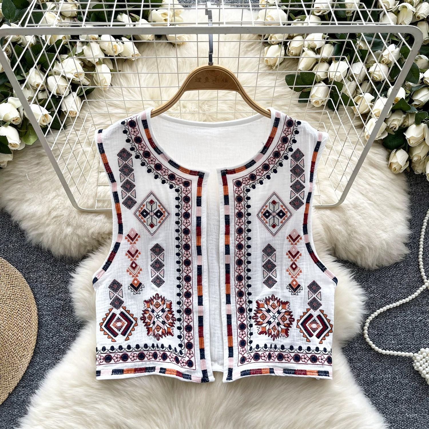 

Новый национальный стиль цветочный кардиган жилет женский модный вышитый укороченный жилет винтажный О-образный вырез без рукавов женская верхняя одежда шикарный жилет топы One Size