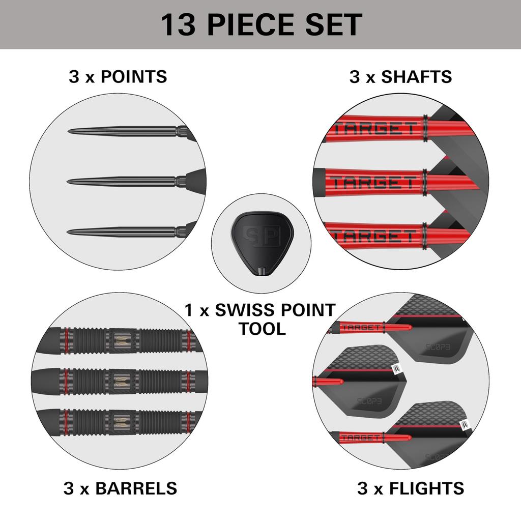 TARGET Darts Scope Steel Tip Swiss Point Tungsten Dart Barrel Steel Tip Darts Red Black Swiss Point Tool Professional Dart Set Darts, 90% Set, 02-24G