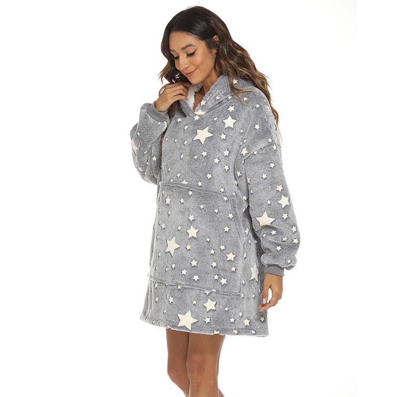 Women's Fashion Five-point Stars Glowing Robe Casual Hooded Short Flannel Loungewear