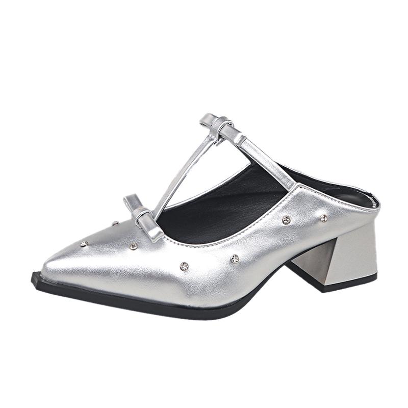 Internet Celebrity Thick High Heel Beautiful Pointed Toe Single Shoes Women's Spring 2026 New French Slip-on Sandals