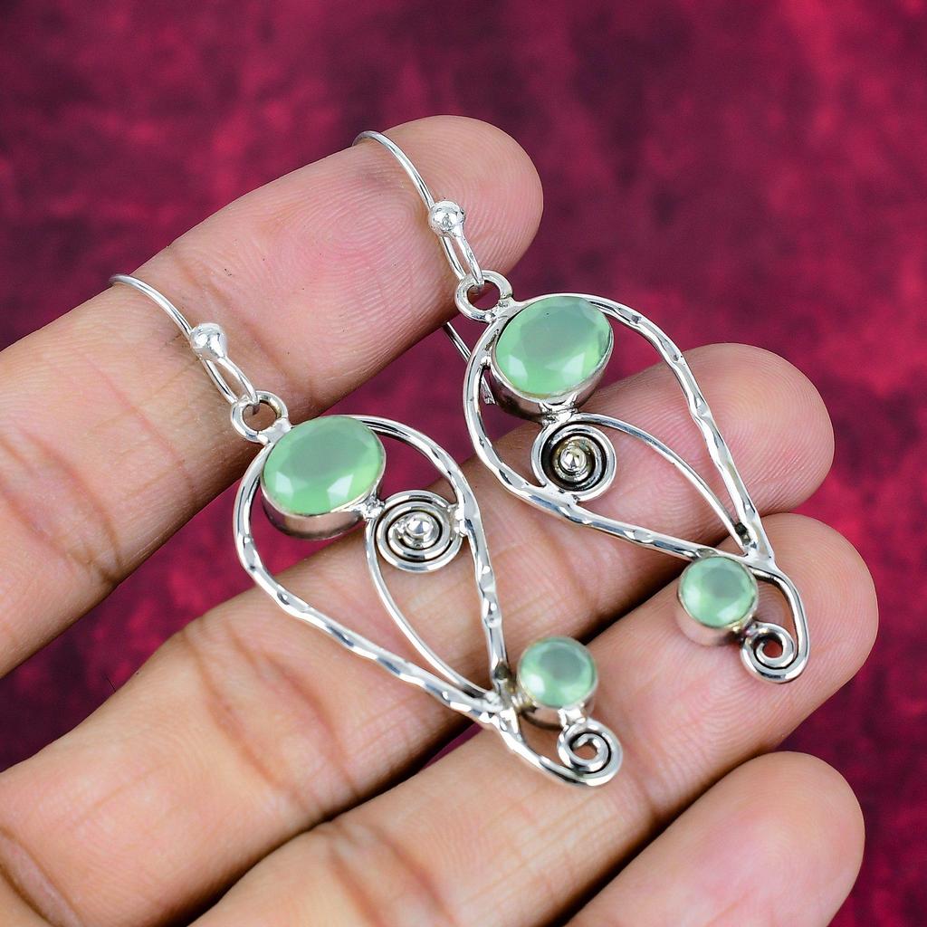 Zielony Chalcedon Kolczyki z Solidnego Srebra Sterlingowego 925, Ręcznie Robiona Biżuteria z Kamieniami Szlachetnymi, Prezenty Dla Żony Nowe Kolczyki