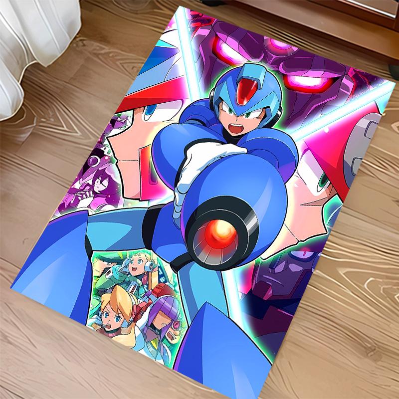 1pc Cartoon Rockman Game Megaman Print Area Rug - Soft, Washable Non-Slip Indoor Mat for Office Chairs, Living Room, Home Office Decorative Rug