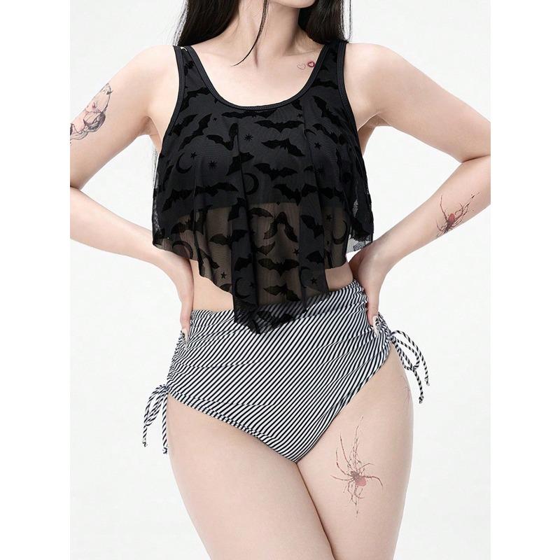 Split Swimsuit Women s Mesh Bat High Waist Striped Drawstring Swimsuit Dark Vacation European and American Swimsuit S