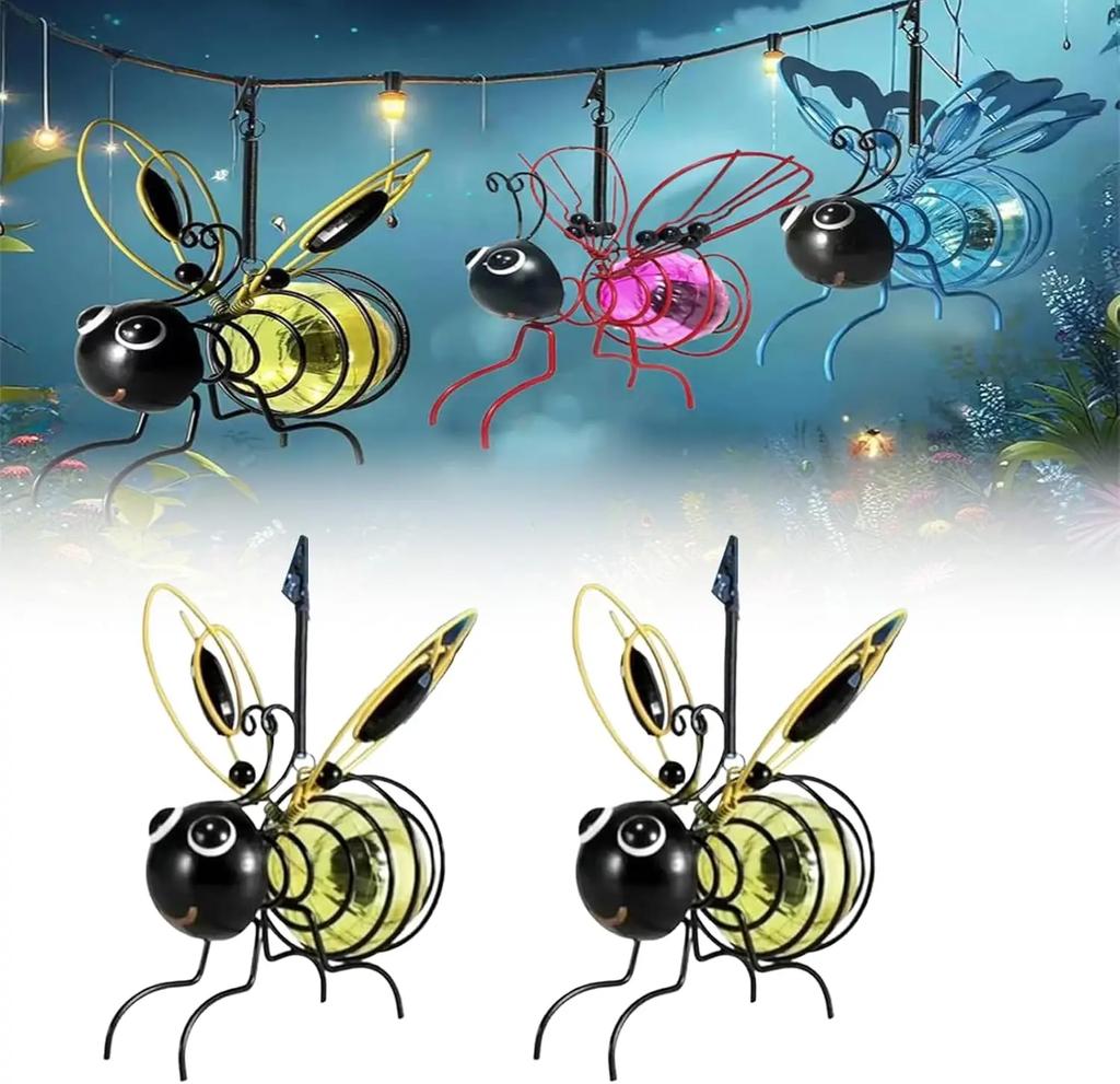Solar-Powered Bee Lights Design Metal Waterproof Hanging Decor Warm White LED for Garden Party Balcony Porch Ornaments Outdoor