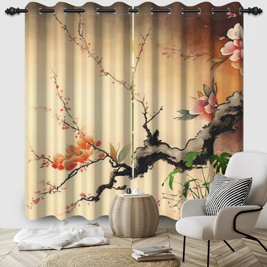 2pcs/Set Cherry Blossom Window Curtain Japanese Scenery Mount Fuji Sun Bedroom Living Room Polyester Blackout Soundproof Curtain