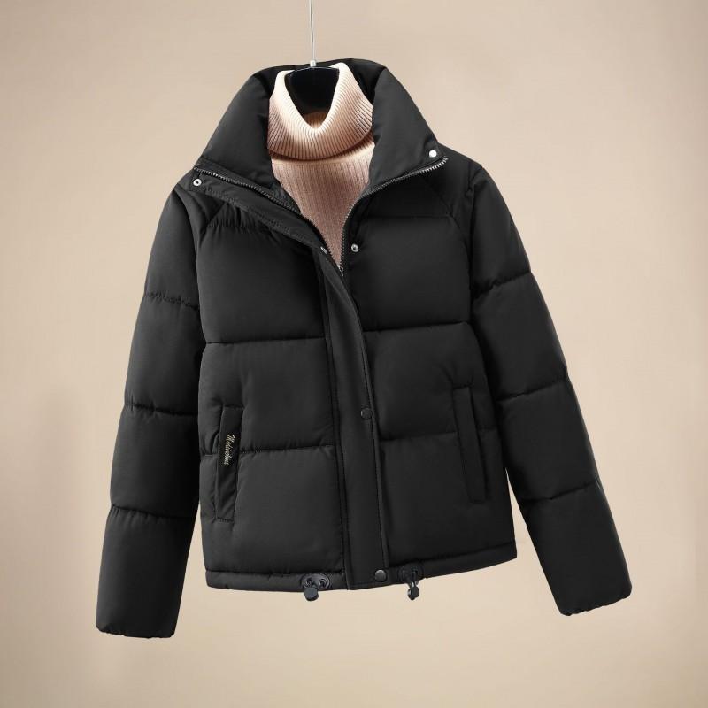 Womens Short Puffer Coat Winter Warm Loose Fit Cotton Jacket Stand Collar Solid Color Urban Street Style